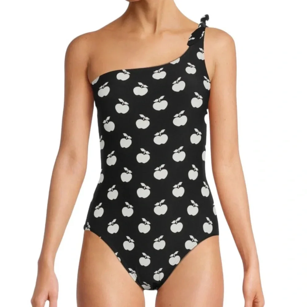 Kate Spade Apple Toss Bunny Tie One Shoulder One Piece Swimsuit Black Size M NWT